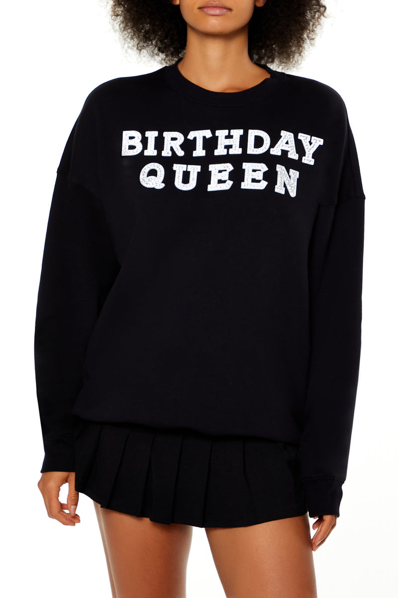 Birthday Queen Rhinestone Pullover - Black