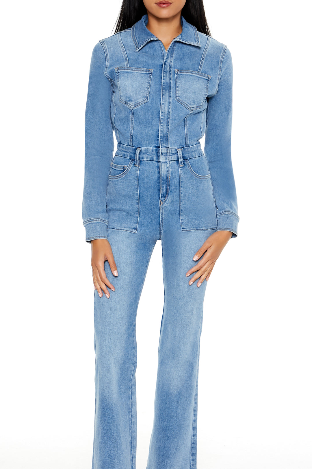 Denim Bootcut Zip-Up Jumpsuit - Mid Blue