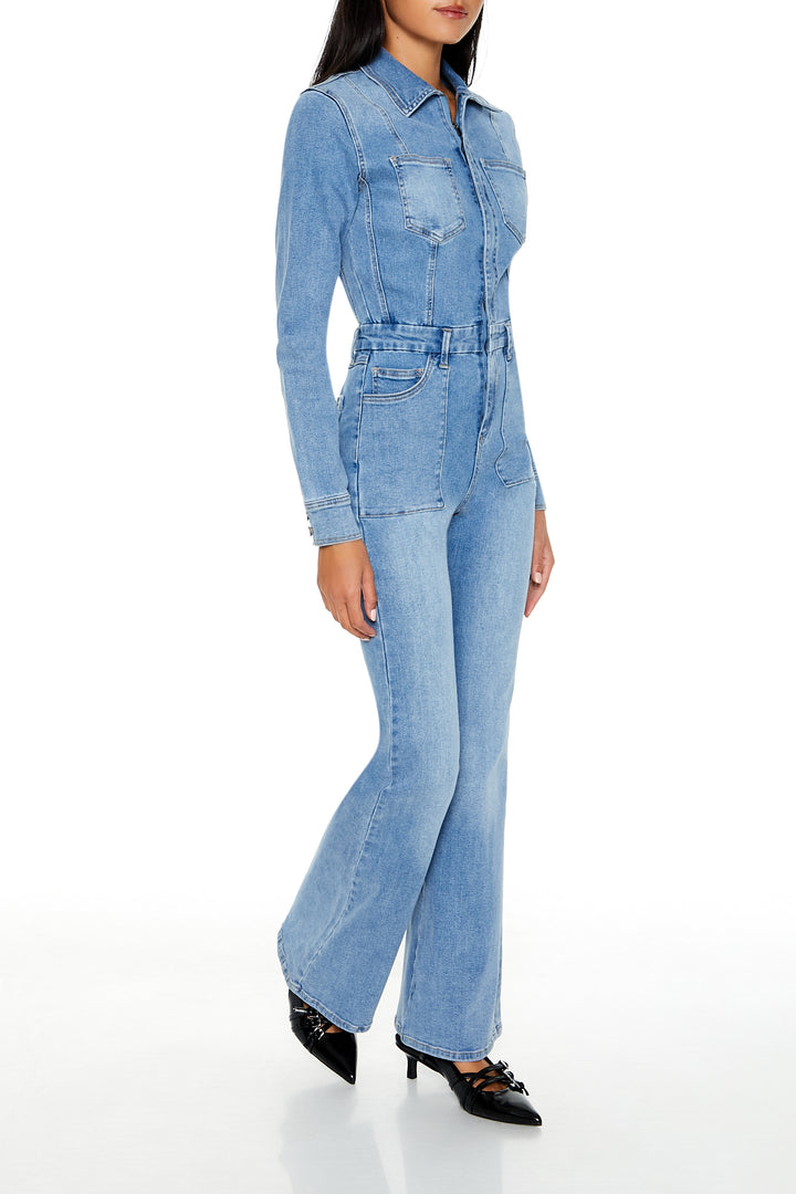 Denim Bootcut Zip-Up Jumpsuit - Mid Blue