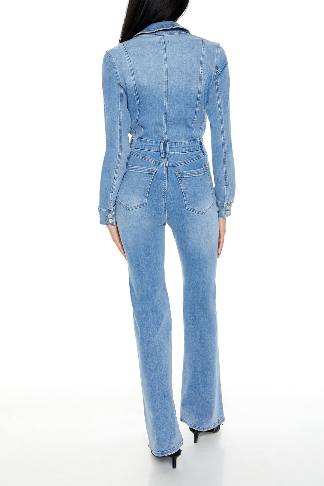 Denim Bootcut Zip-Up Jumpsuit - Mid Blue