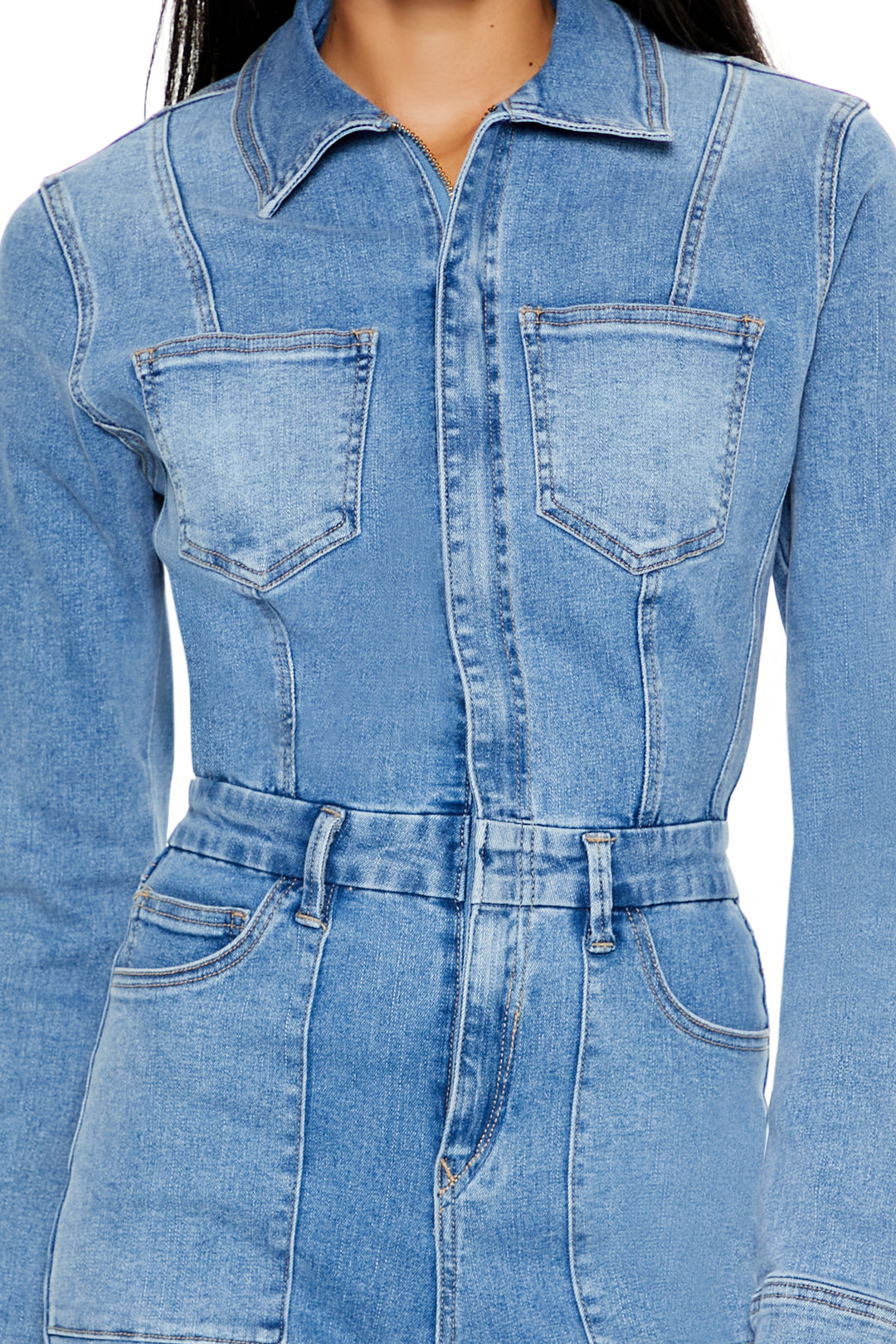 Denim Bootcut Zip-Up Jumpsuit - Mid Blue
