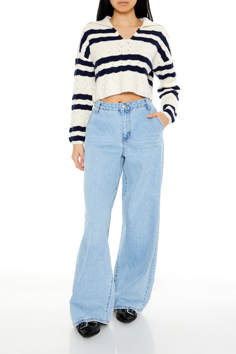 Cropped Striped Pullover Sweater - White/Blue
