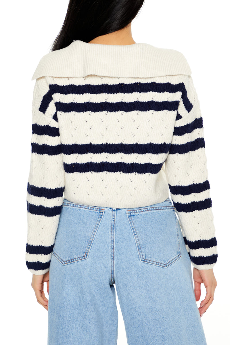 Cropped Striped Pullover Sweater - White/Blue