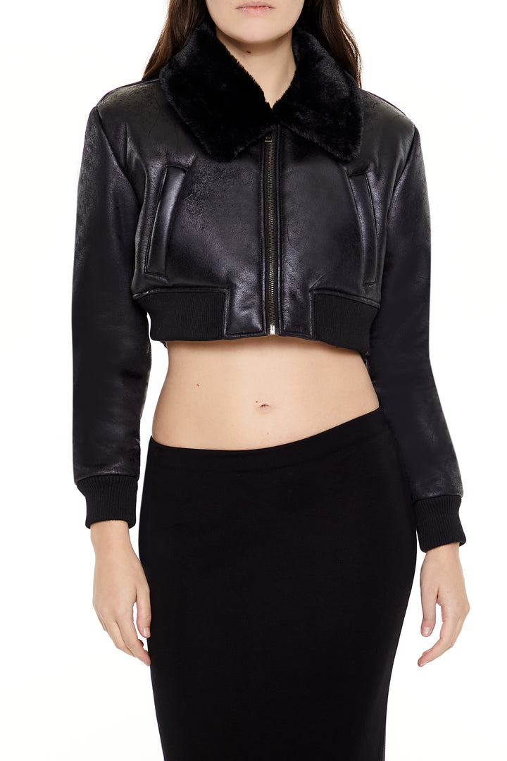 Cropped Bomber Jacket  - Black