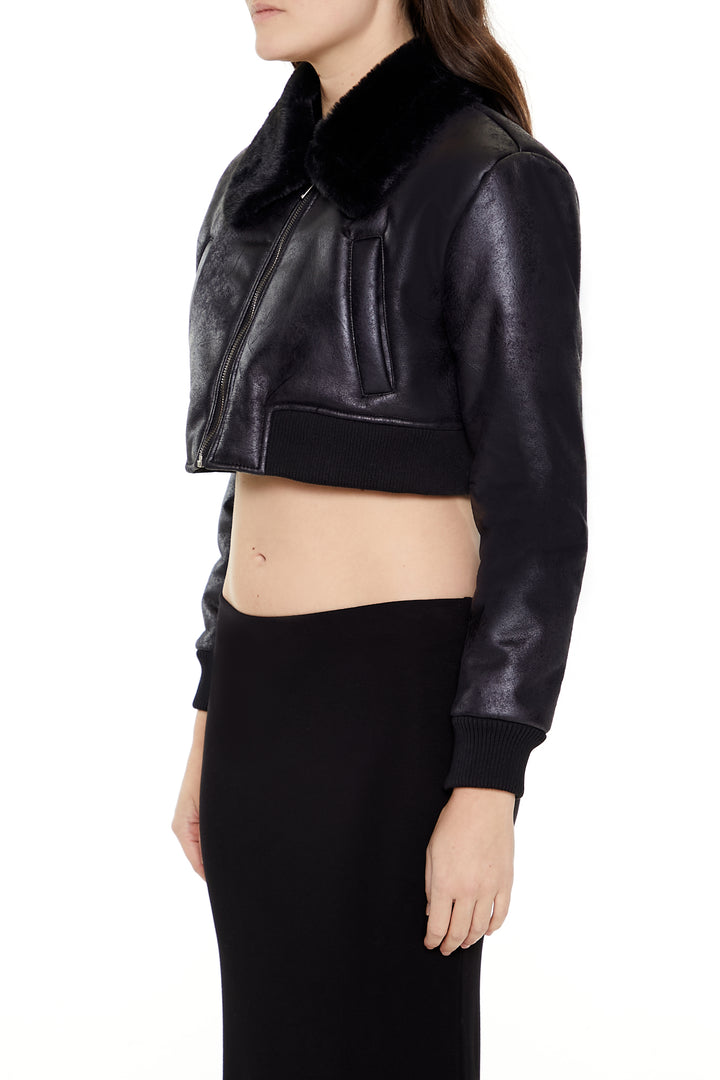 Cropped Bomber Jacket  - Black