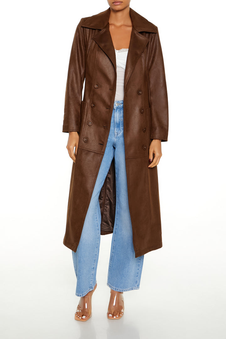 Faux Suede Trench Jacket - Brown