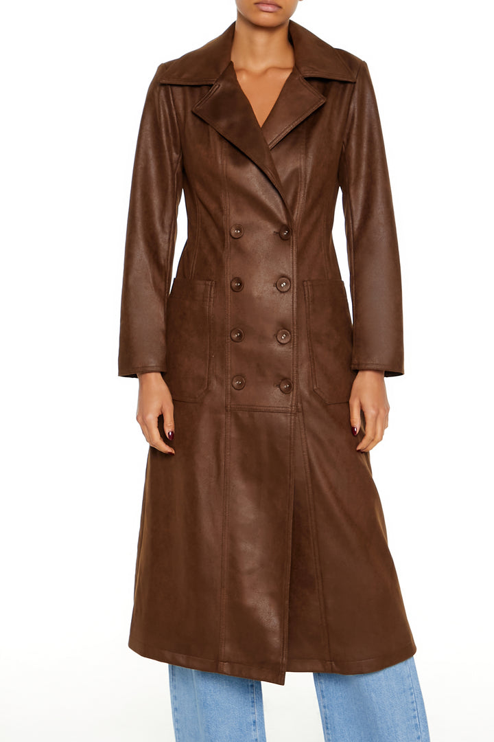 Faux Suede Trench Jacket - Brown