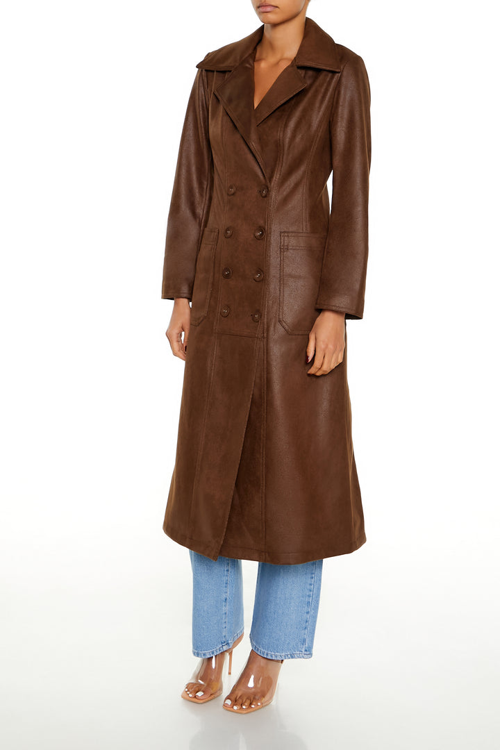 Faux Suede Trench Jacket - Brown