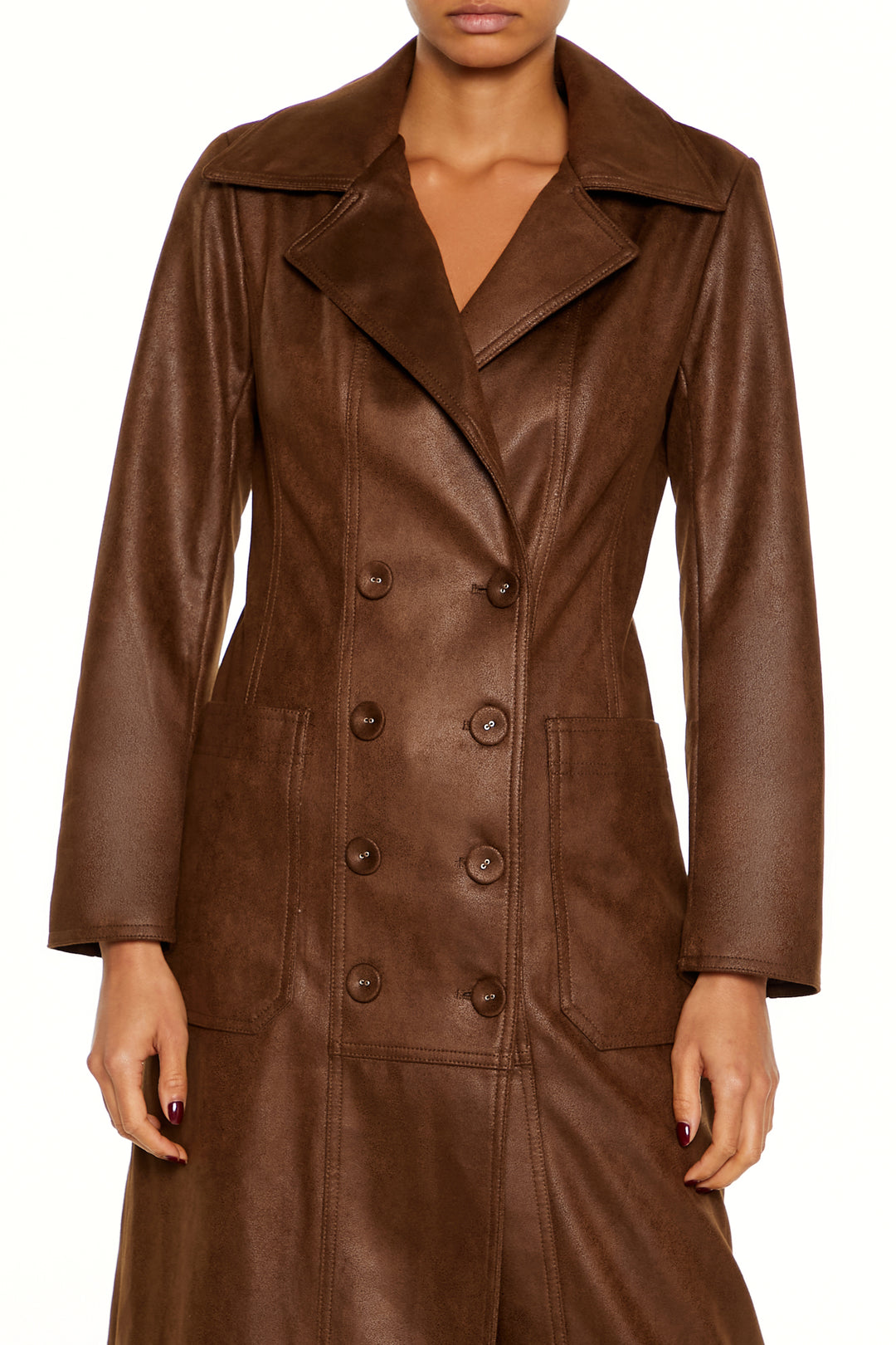 Faux Suede Trench Jacket - Brown