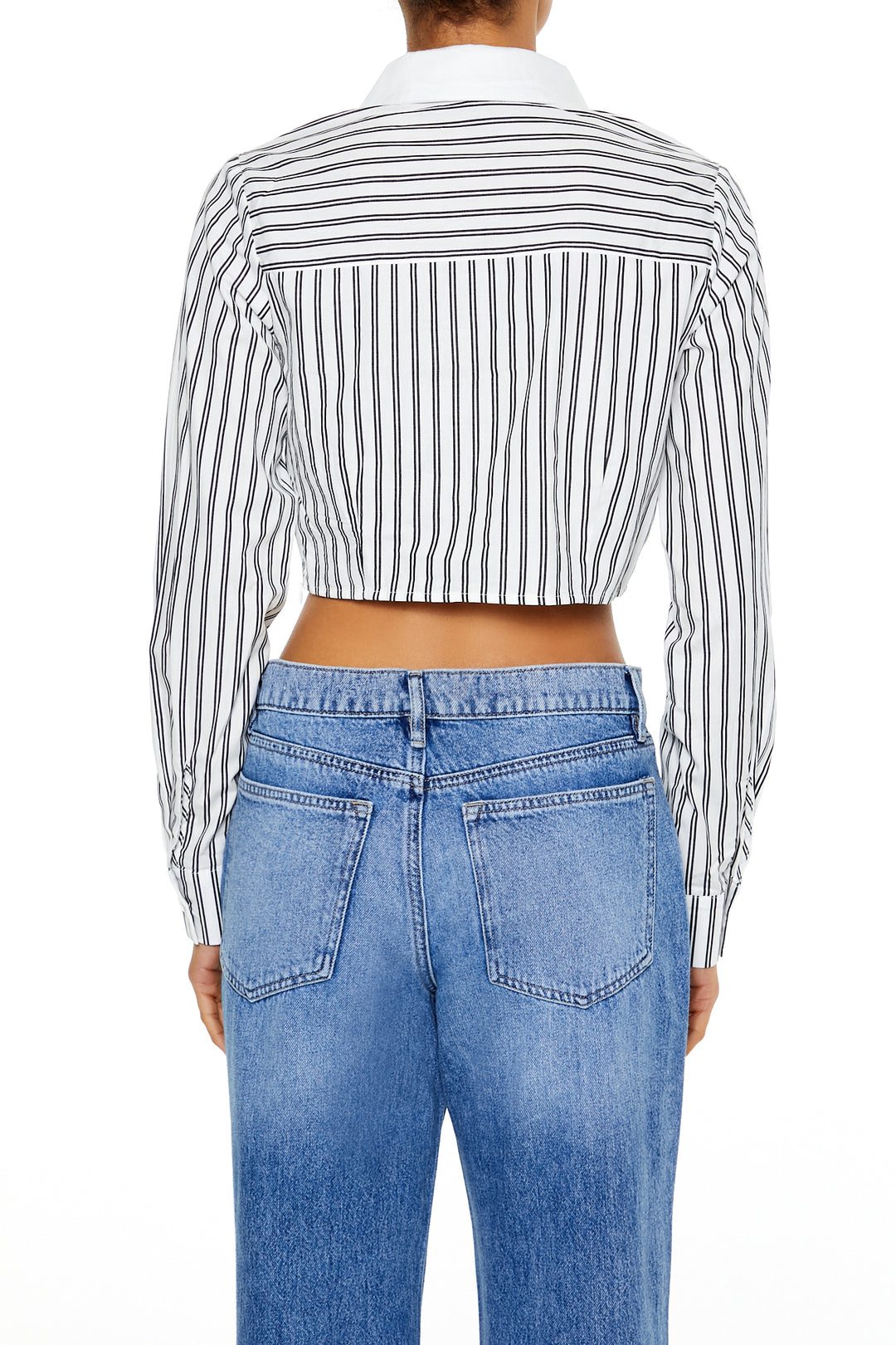 Long Sleeve Cropped Blouse - White/Black