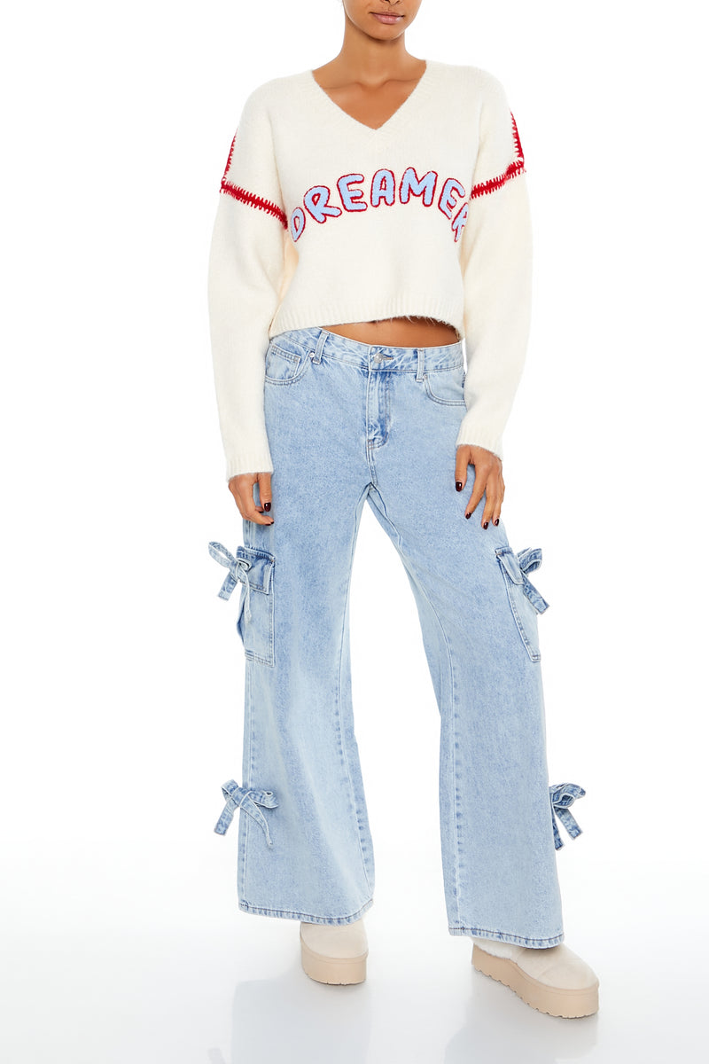 Long Sleeve Cropped Sweater Top - Cream