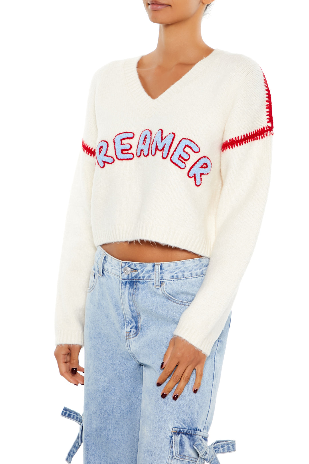 Long Sleeve Cropped Sweater Top - Cream