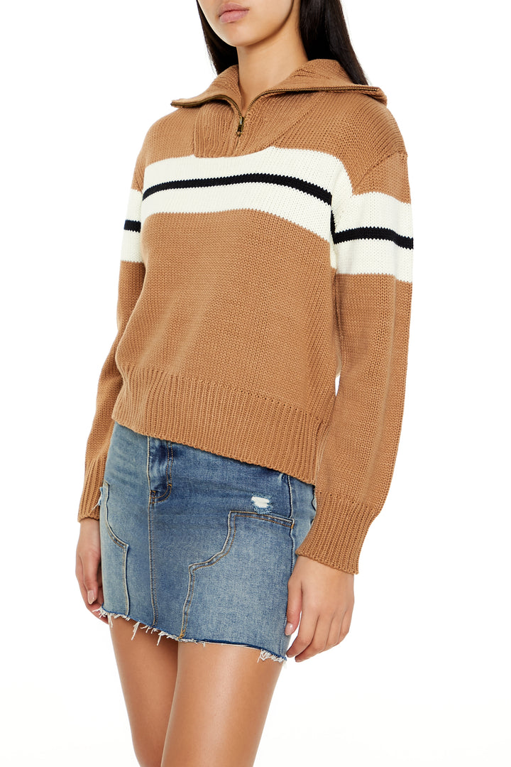 Zip Detail Pullover Sweater - Brown