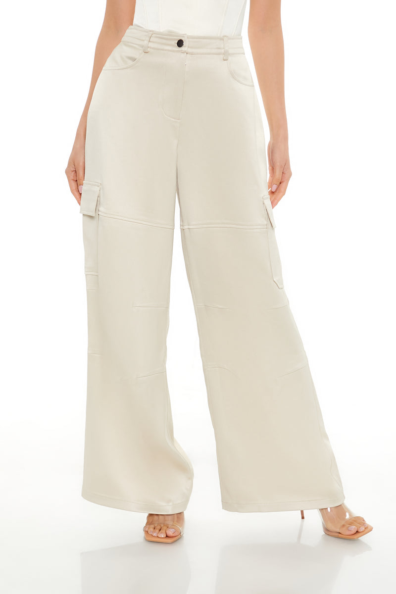 Wideleg Satin Cargo Pant - Champagne