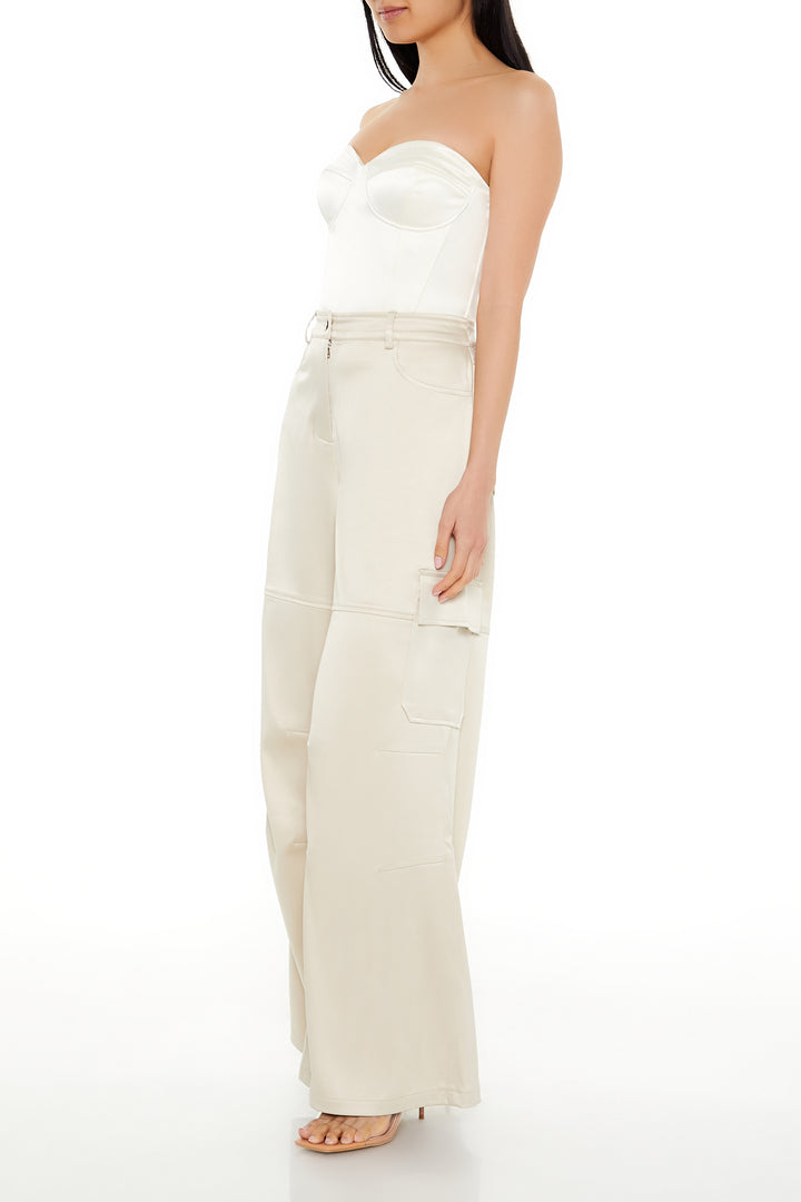 Wideleg Satin Cargo Pant - Champagne