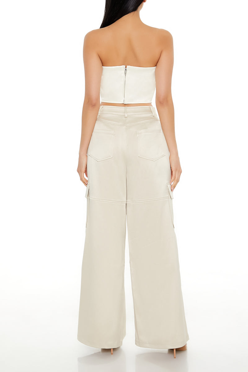 Wideleg Satin Cargo Pant - Champagne