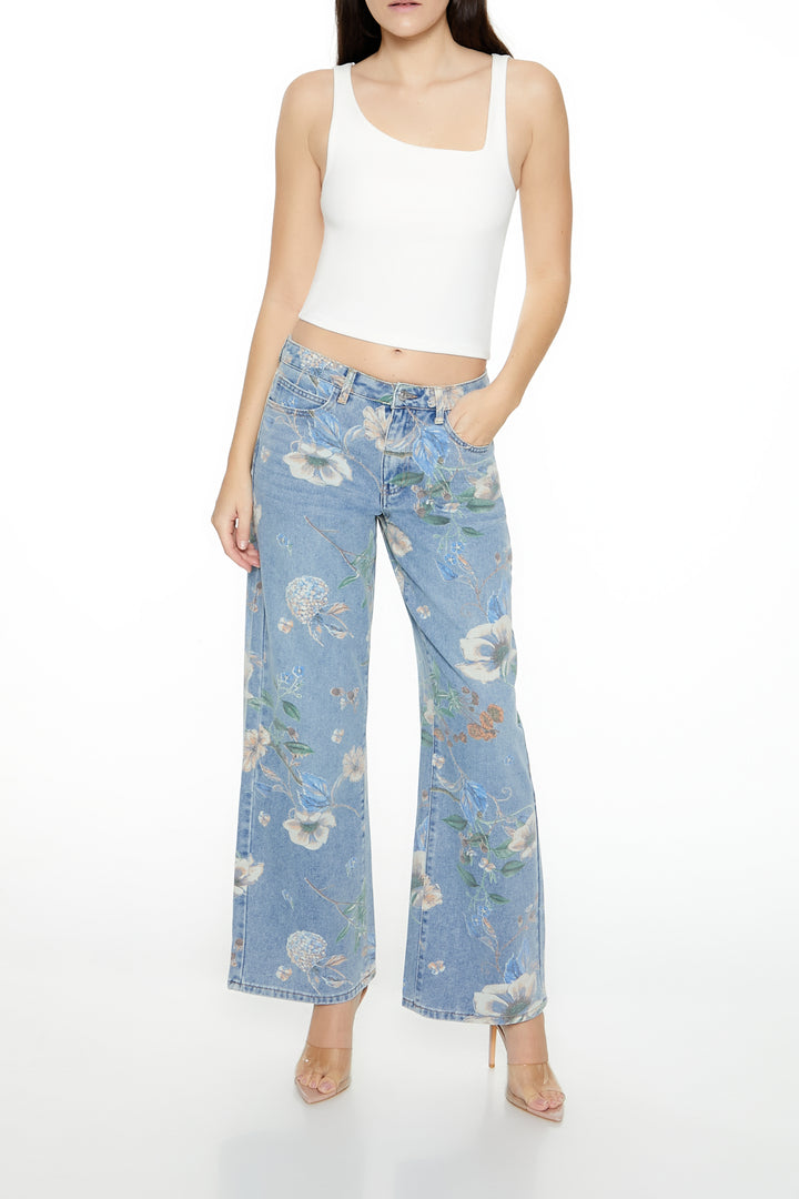 Floral Mid-Rise Baggy Jean - Light Blue