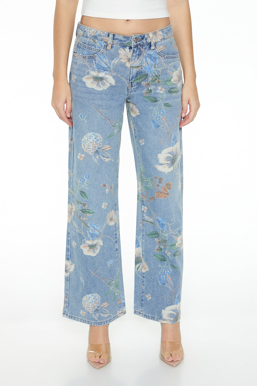 Floral Mid-Rise Baggy Jean - Light Blue