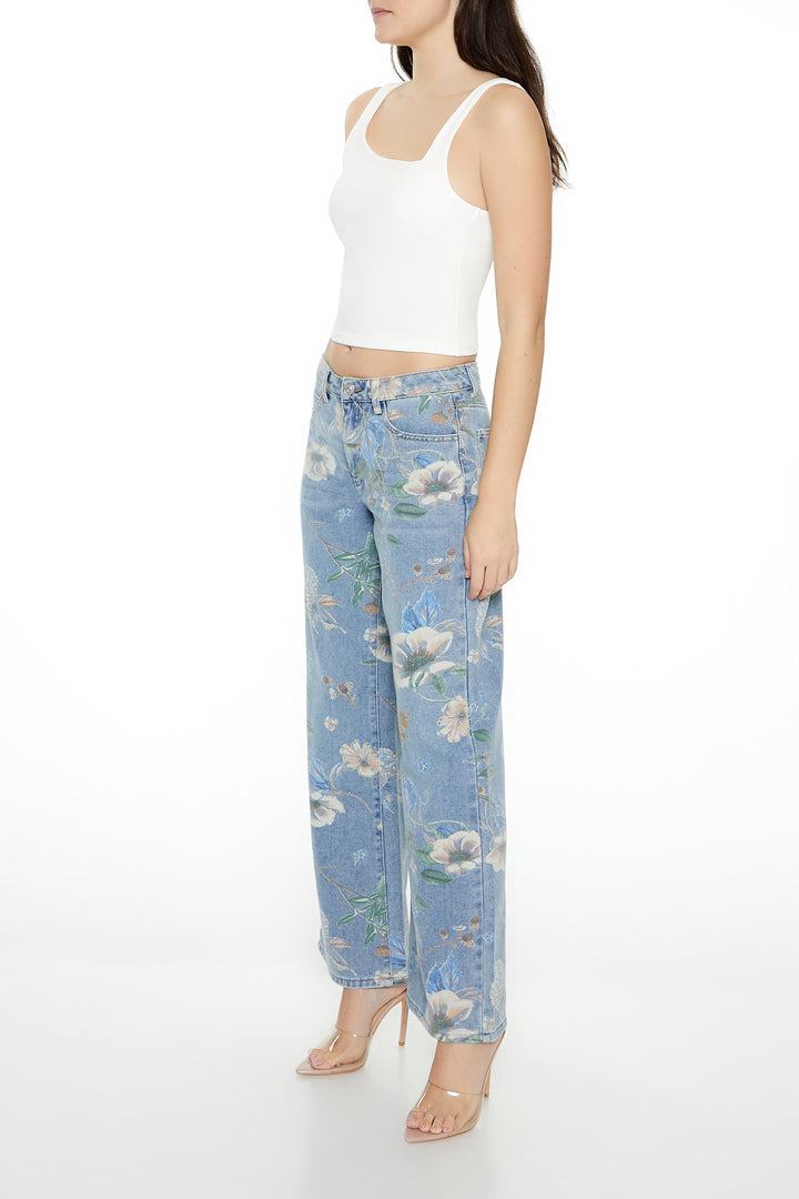 Floral Mid-Rise Baggy Jean - Light Blue