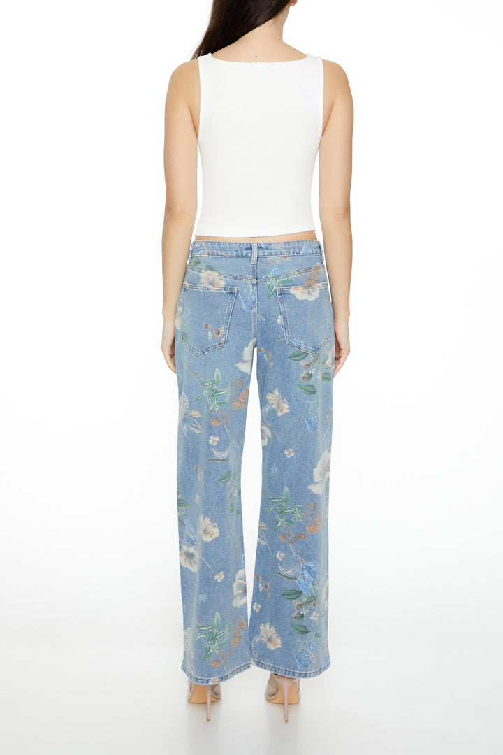 Floral Mid-Rise Baggy Jean - Light Blue