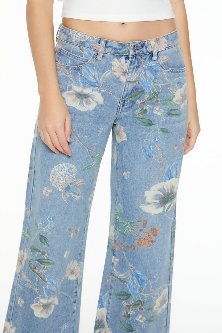 Floral Mid-Rise Baggy Jean - Light Blue