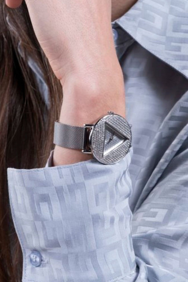 Silver Case With Crystals Sun Glitz Logo Dial Watch - Silver