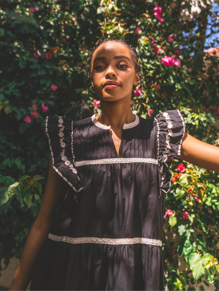 Contrast Trim & Embroidery Notch Neck Peasant Mini Dress - Black