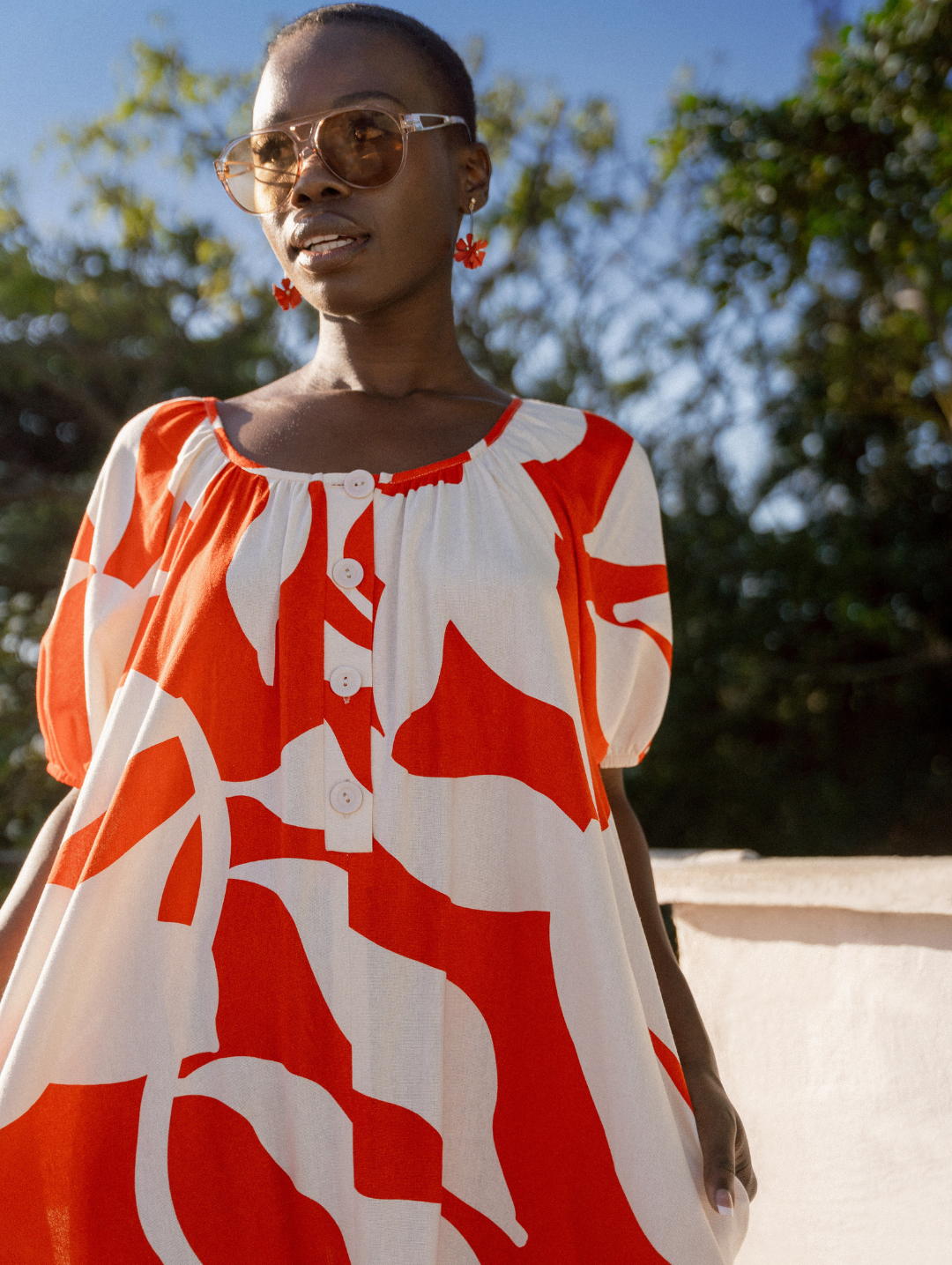 Puff Sleeve Scoop Neck Button Through Linen Midaxi Dress - White/Red