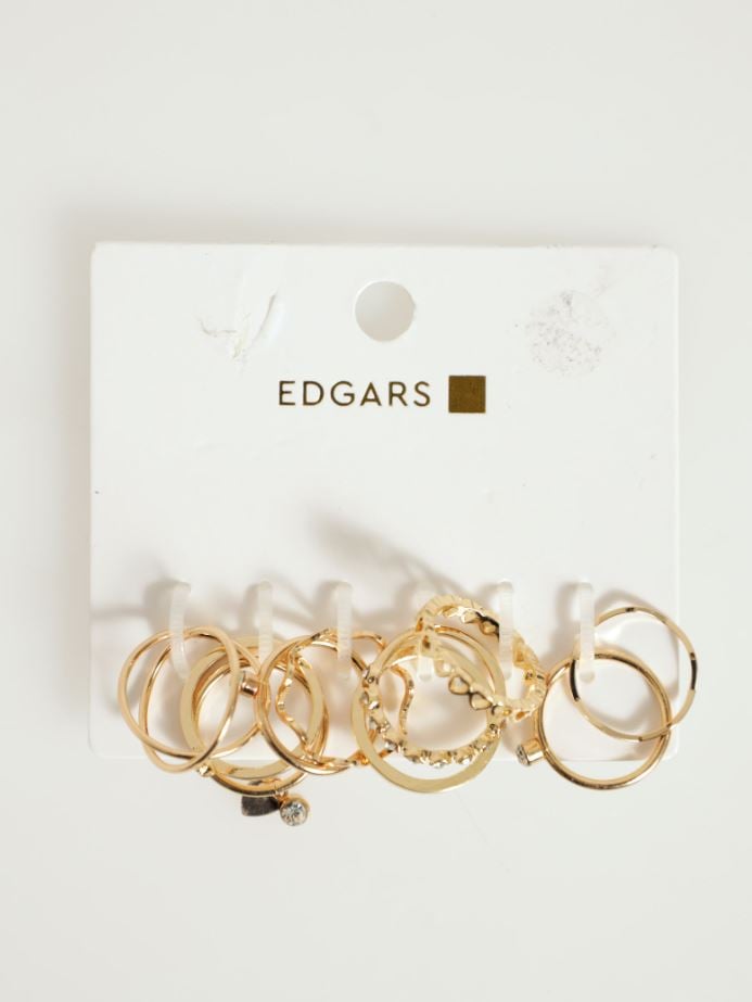 10 Pack Thin Diamante & Pattern Rings - Gold