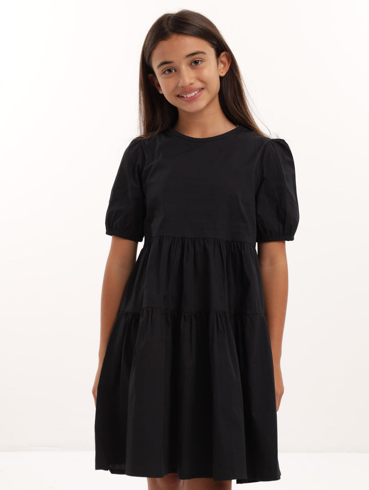 Girls Tiered Poplin Dress - Black