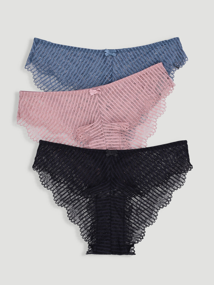3 Pack Lace Brazilian Panties - Grey/Rose/Navy