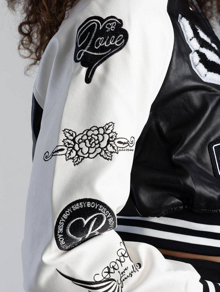 Made The Cut Faux Leather Logo Bomber Jacket - Black/White