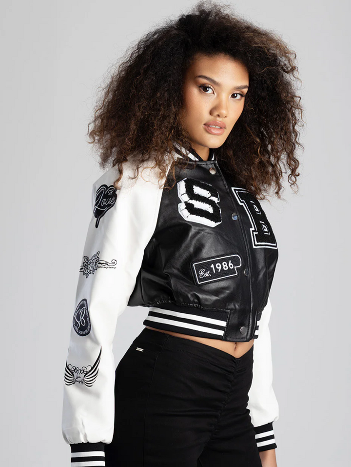 Made The Cut Faux Leather Logo Bomber Jacket - Black/White