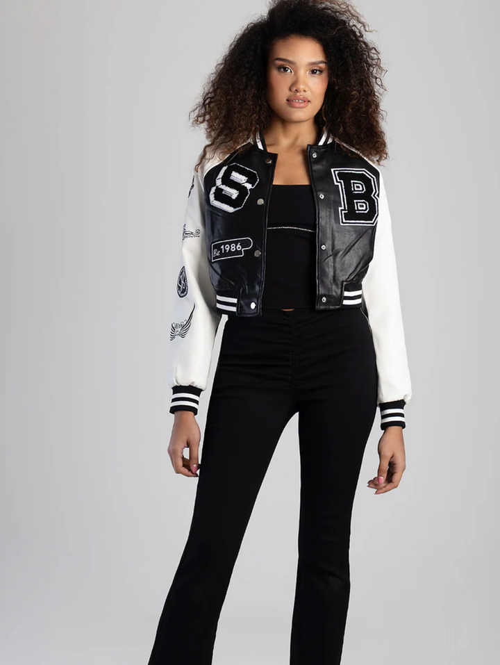 Made The Cut Faux Leather Logo Bomber Jacket - Black/White