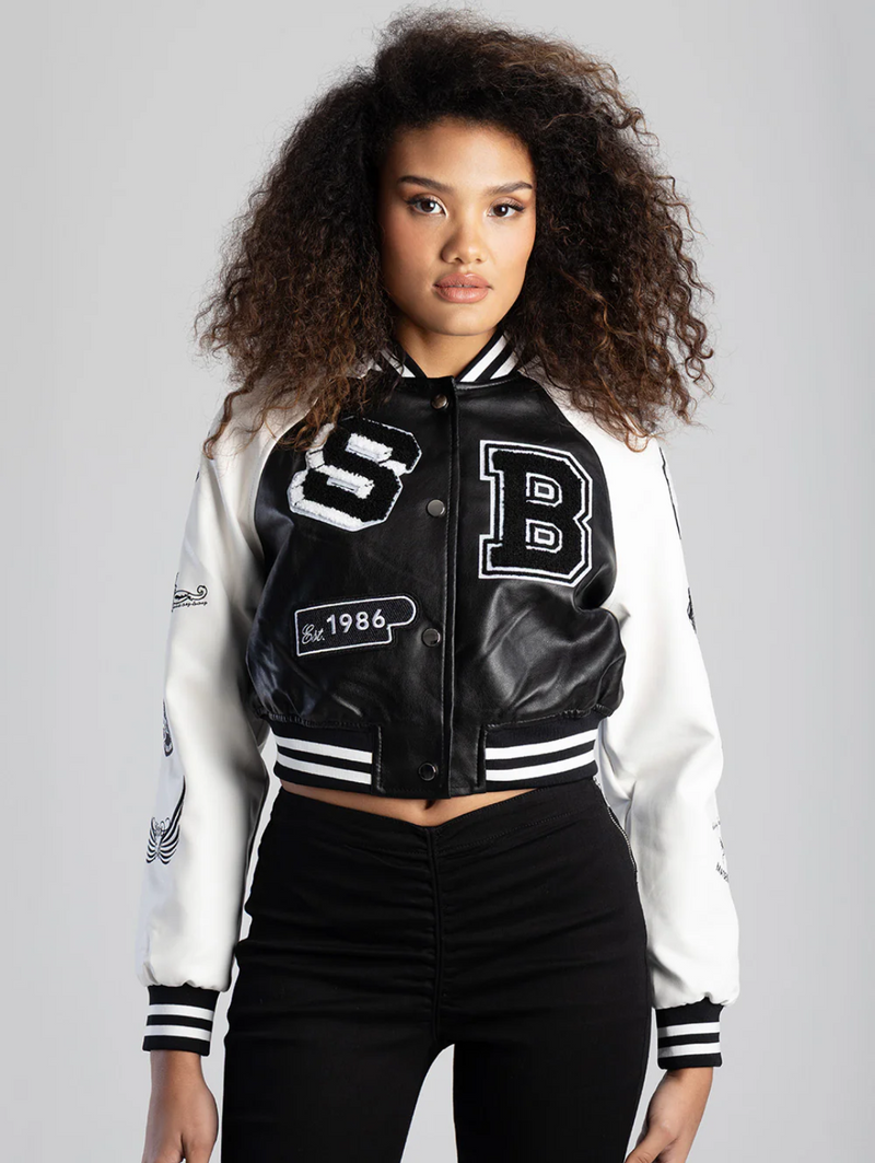 Made The Cut Faux Leather Logo Bomber Jacket - Black/White