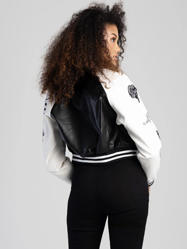Made The Cut Faux Leather Logo Bomber Jacket - Black/White
