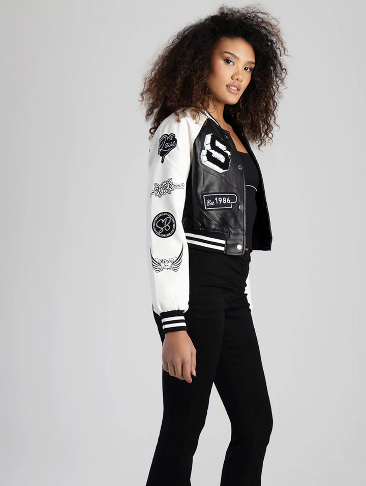 Made The Cut Faux Leather Logo Bomber Jacket - Black/White