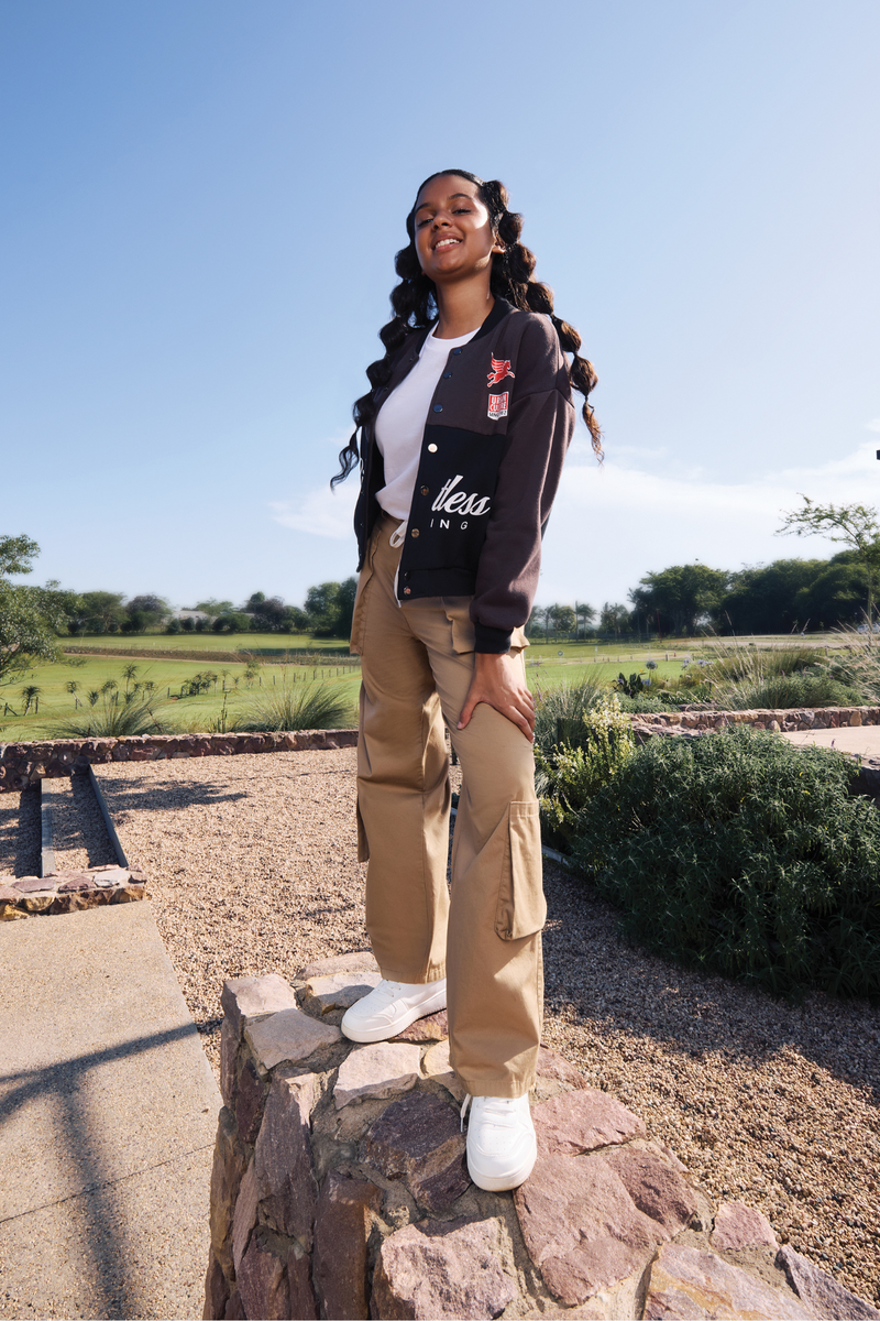 Girls Racing Print Oversized Baseball Jacket - Black/Brown