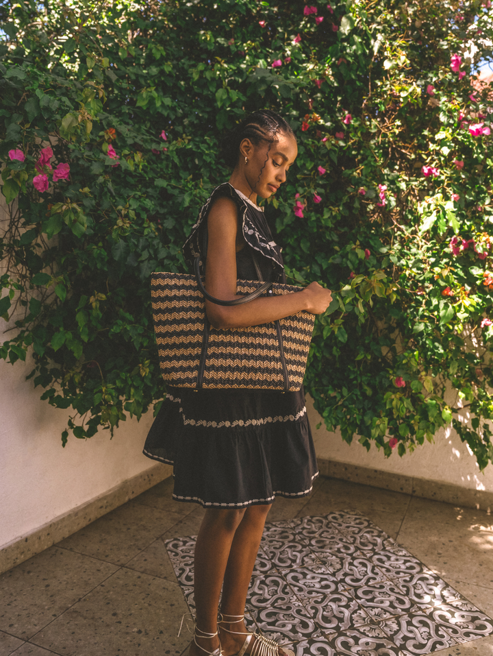 Contrast Trim & Embroidery Notch Neck Peasant Mini Dress - Black