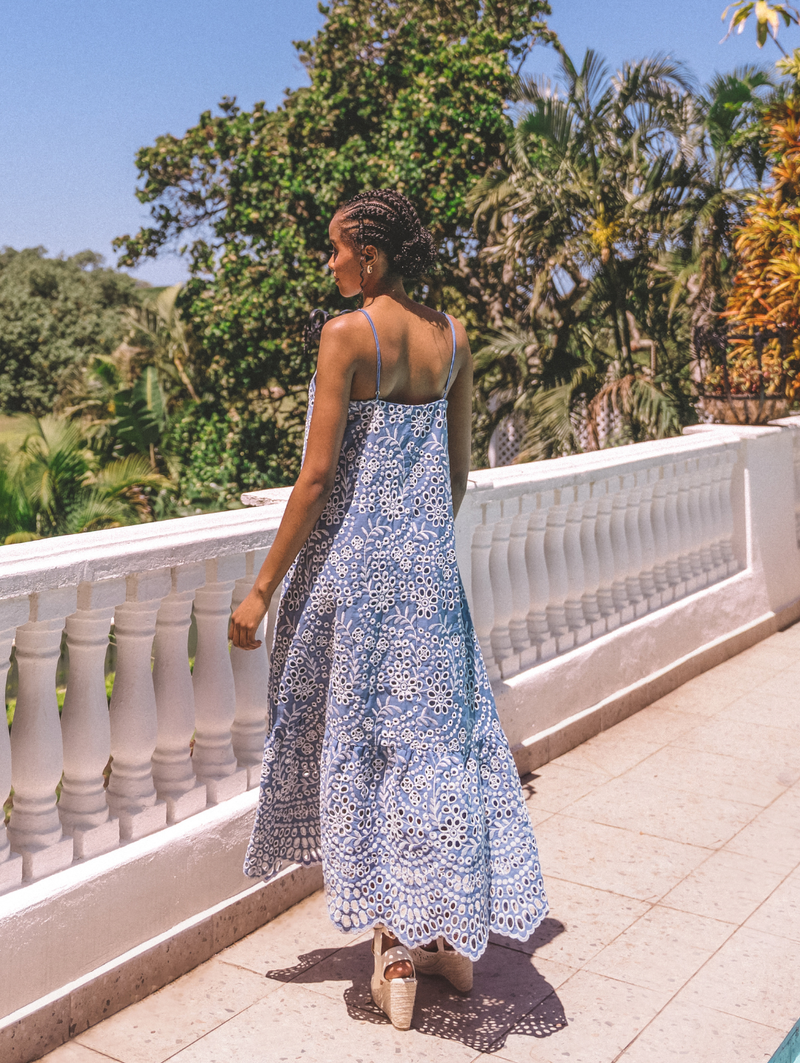 Strappy Hi-Neck Anglaise Frill Hem Slip Midaxi Dress - Dusty Blue