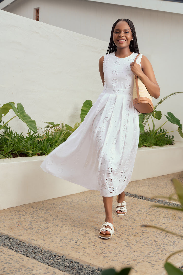 Scalloped Fit & Flare Anglaise Midi Dress - White
