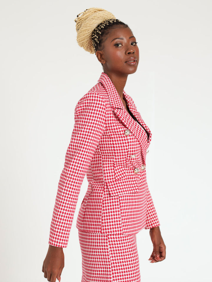 Ladies Double Breasted Gold Button Tweed Check Blazer - Red