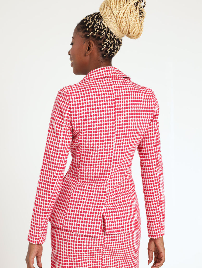 Ladies Double Breasted Gold Button Tweed Check Blazer - Red
