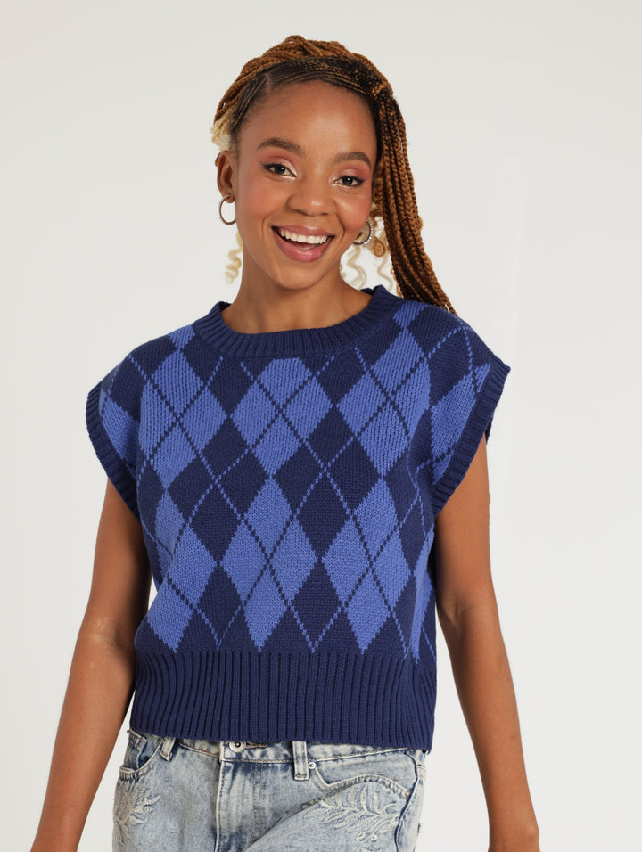 Ladies Sleeveless Argyl Pullover - Navy