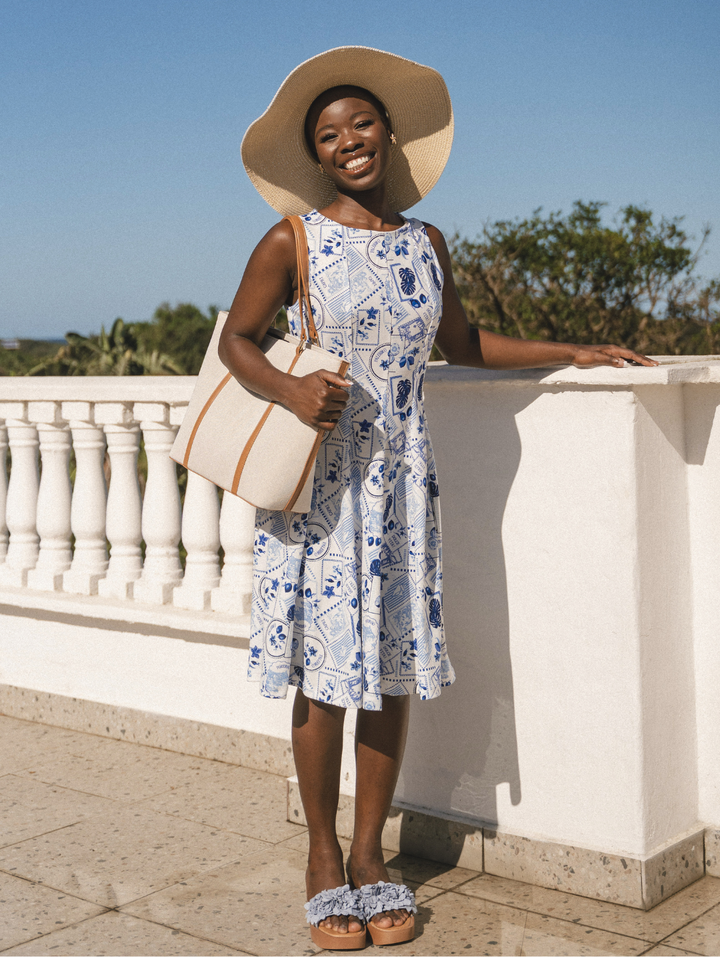 Panelled Skater Mini Dress - White/Blue