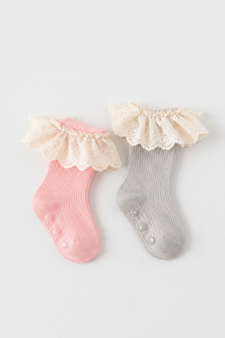 Baby Girls 2 Pack Knee High Ruffles Socks - Pink/Grey