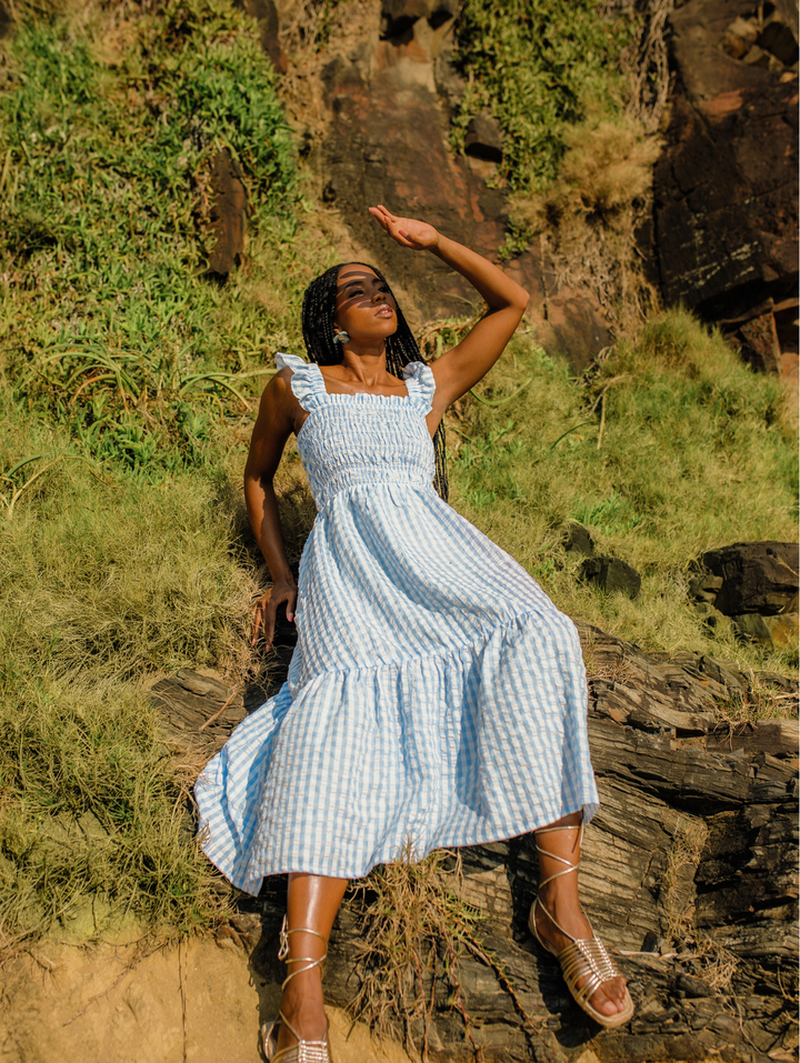 Frill Strap Shirred Bodice Frill Hem Midaxi Dress - White/Light Blue