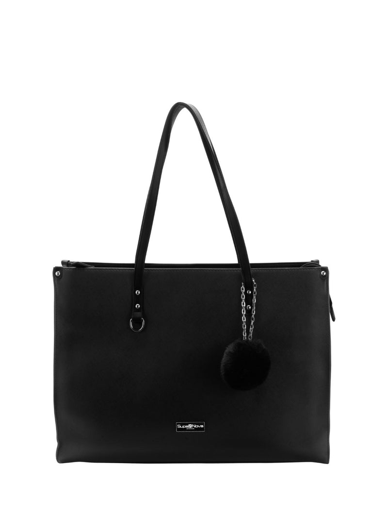 Pompom Ladies Laptop Bag - Black