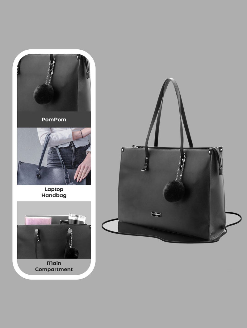 Pompom Ladies Laptop Bag - Black