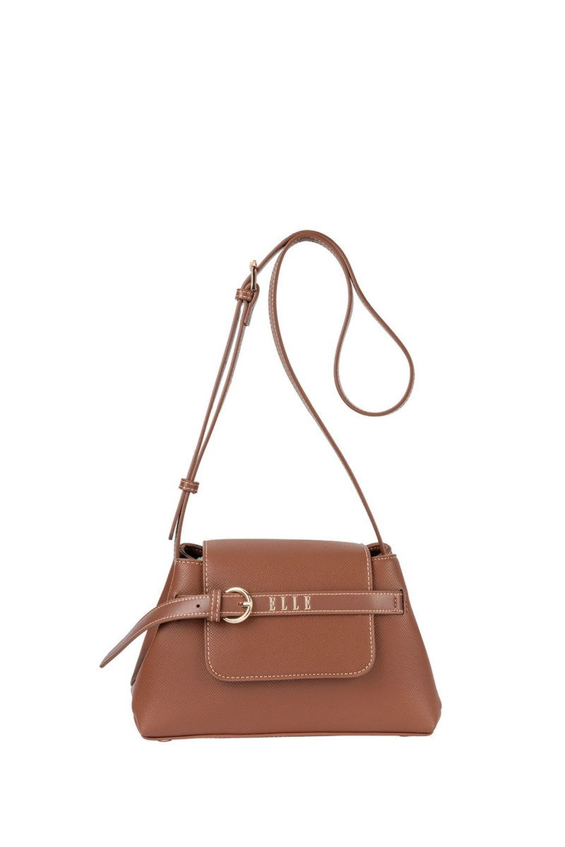 Belt Buckle Flapover Sling Bag - Brown